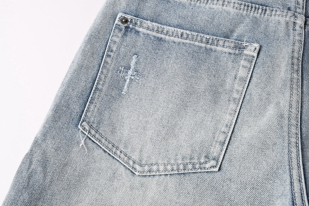 Men’s Light Wash Baggy Jeans - Cross Embroidered Loose Denim