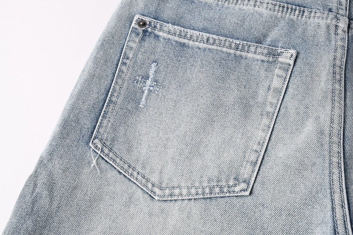 Men’s Light Wash Baggy Jeans - Cross Embroidered Loose Denim