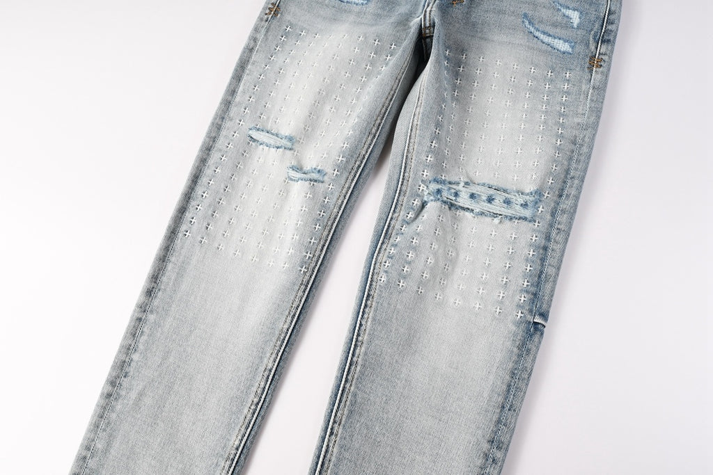 Men’s Light Wash Skinny Jeans - Cross Embroidered Distressed Denim