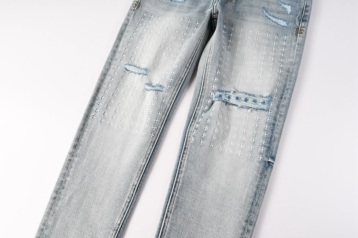 Men’s Light Wash Skinny Jeans - Cross Embroidered Distressed Denim
