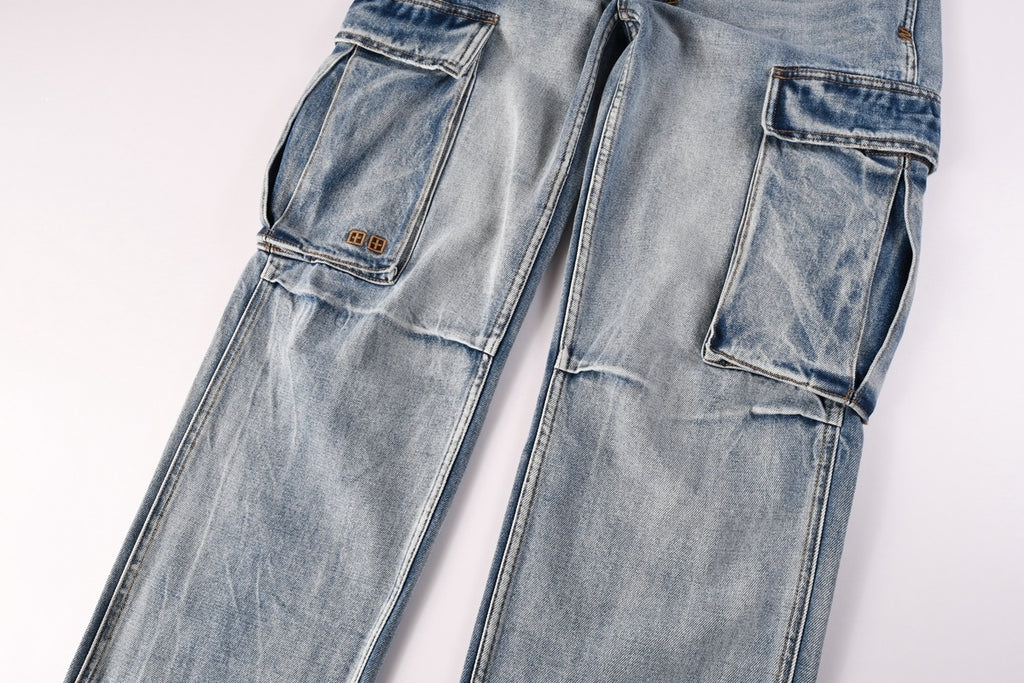 Men’s Light Wash Cargo Jeans - Baggy Utility Denim Pants