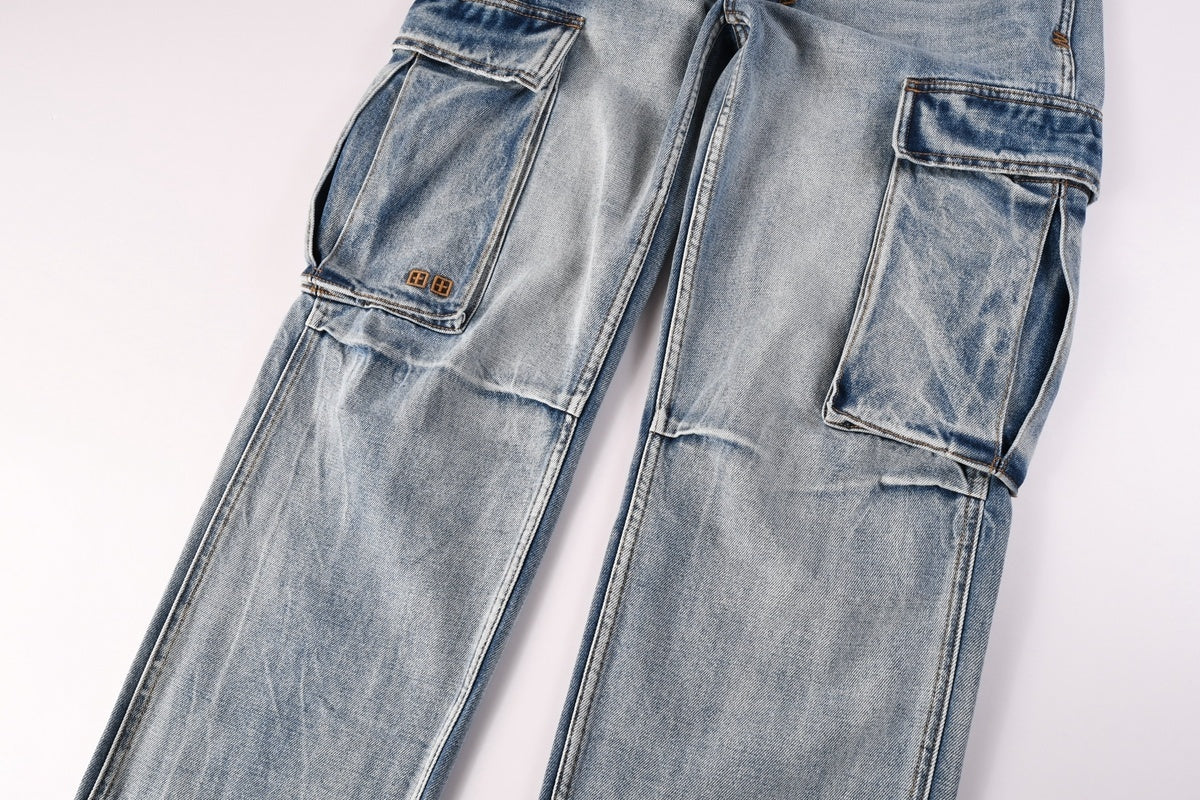 Men’s Light Wash Cargo Jeans - Baggy Utility Denim Pants