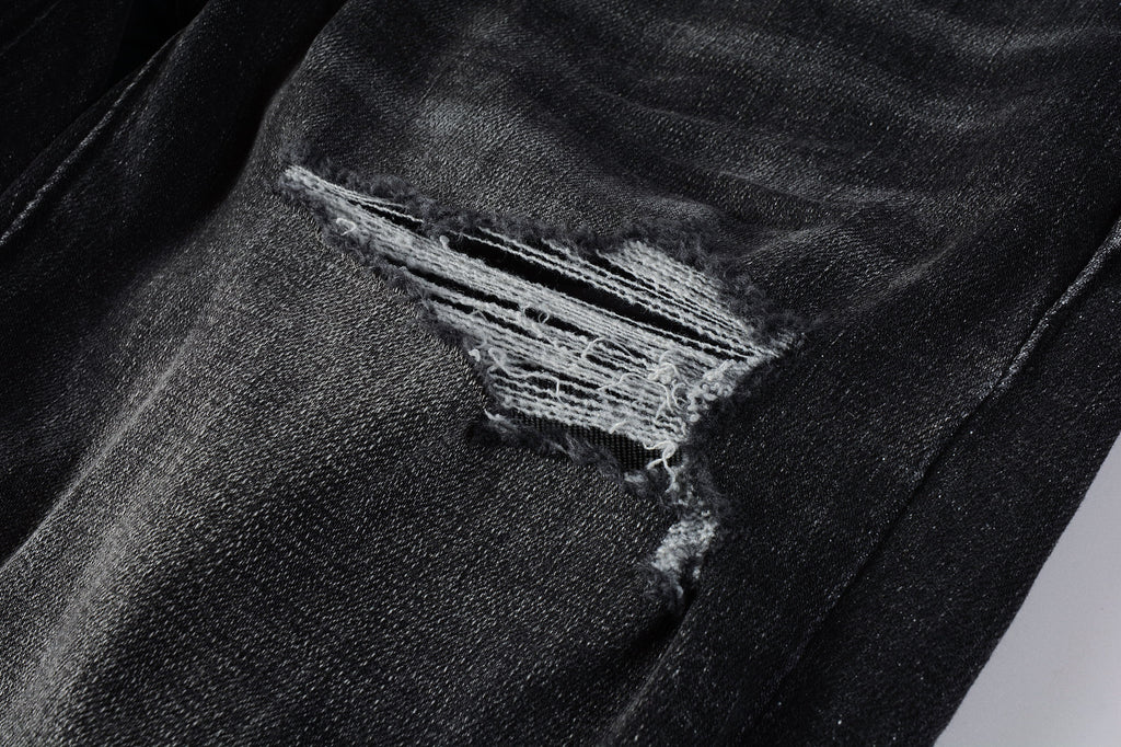 Men's Distressed Black Gray Skinny Jeans with Ripped Holes & Button Fly