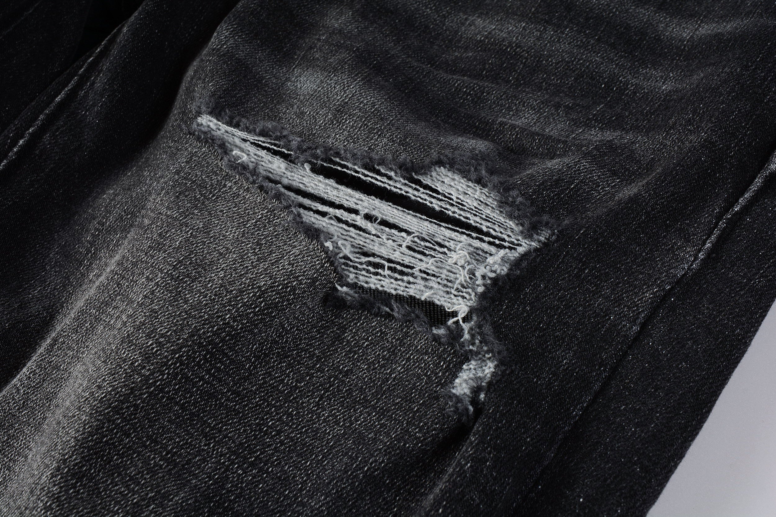 Men's Distressed Black Gray Skinny Jeans with Ripped Holes & Button Fly
