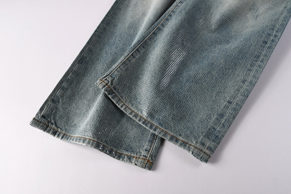 High-Quality Distressed Blue Wide Leg Jeans for Men & Women with Loose Fit & Stretch Denim