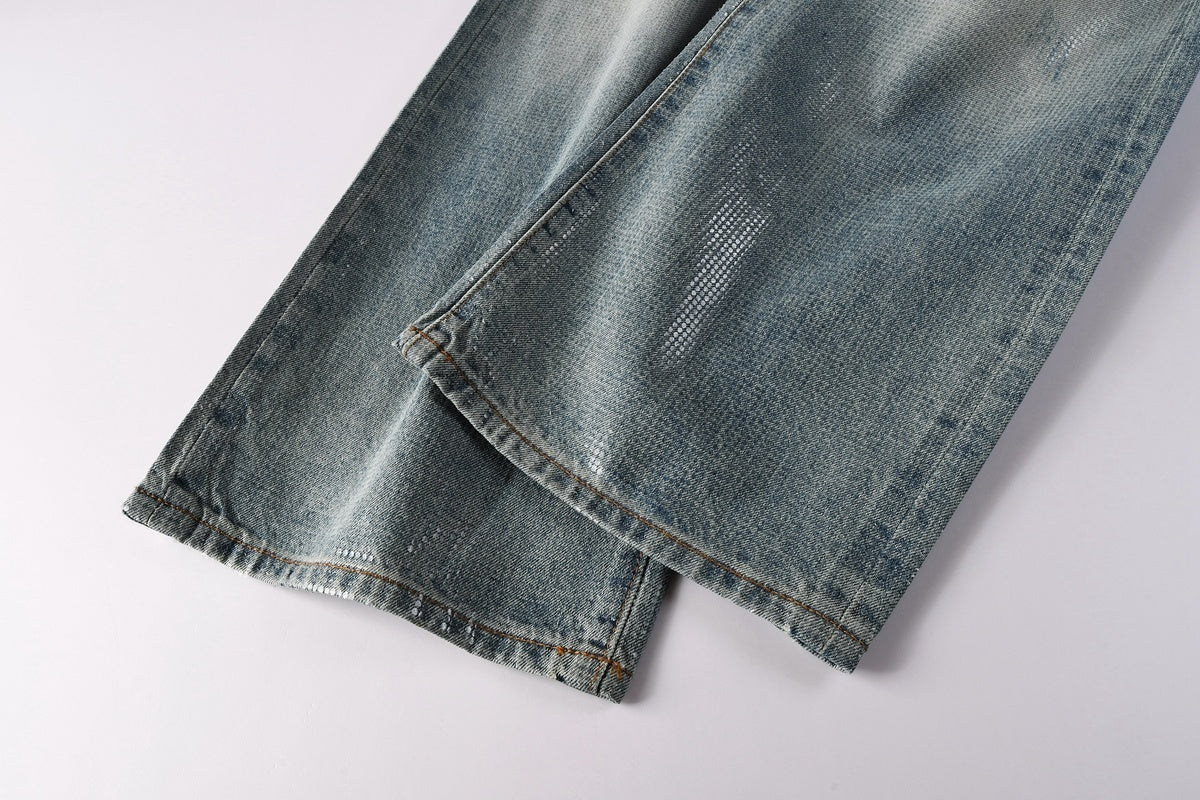 High-Quality Distressed Blue Wide Leg Jeans for Men & Women with Loose Fit & Stretch Denim