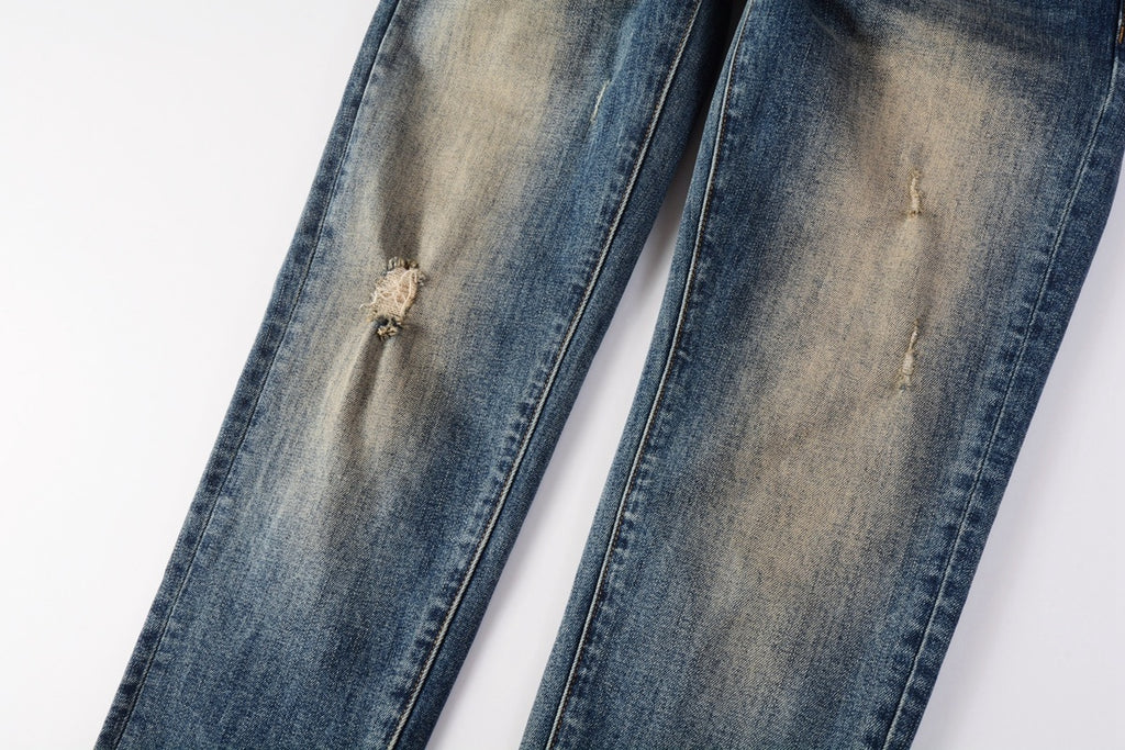 Men's Distressed Dark Blue Skinny Jeans with Button Fly & Ripped Detailing