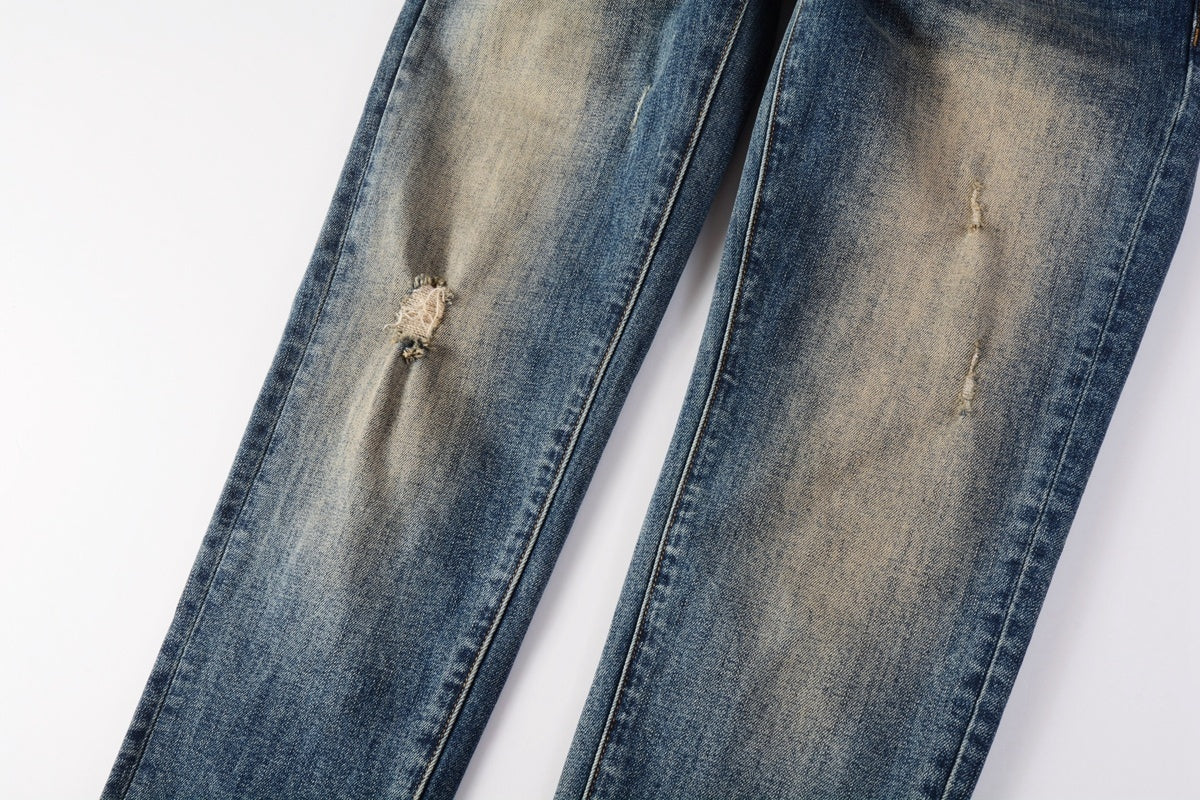 Men's Distressed Dark Blue Skinny Jeans with Button Fly & Ripped Detailing