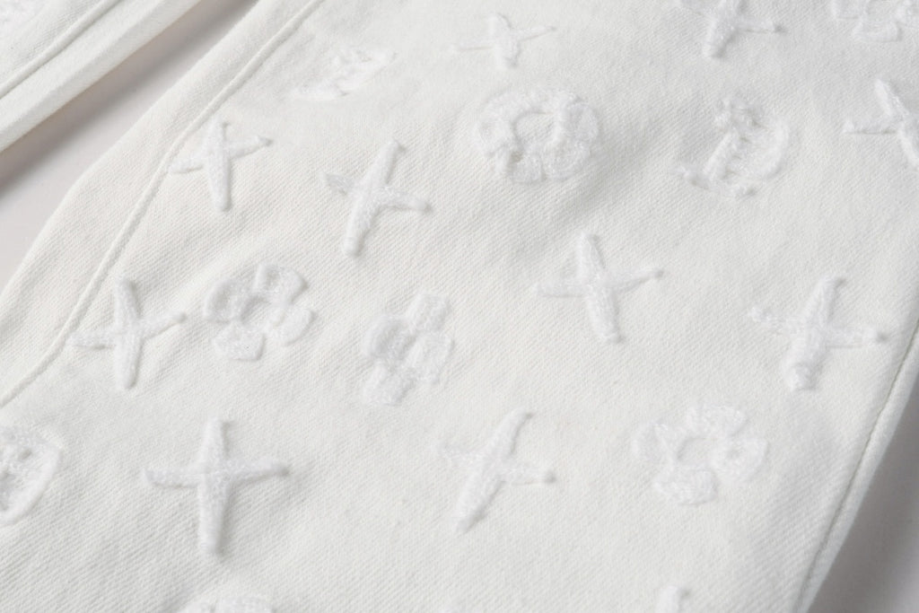 Men's Distressed White Skinny Jeans with Embroidered Patterns & Ripped Holes & Button Fly