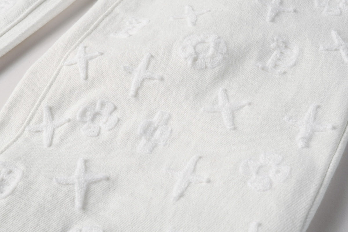 Men's Distressed White Skinny Jeans with Embroidered Patterns & Ripped Holes & Button Fly