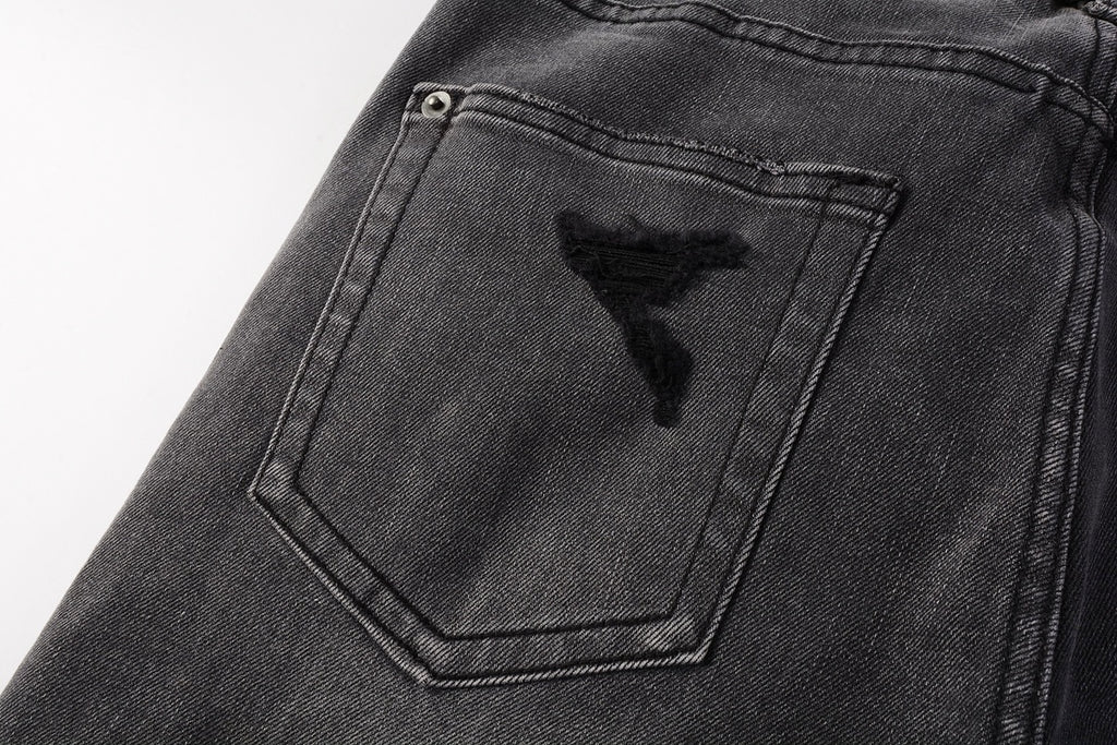 Men's Grey Wash Bandana Patch Distressed Skinny Jeans - Stretch Denim