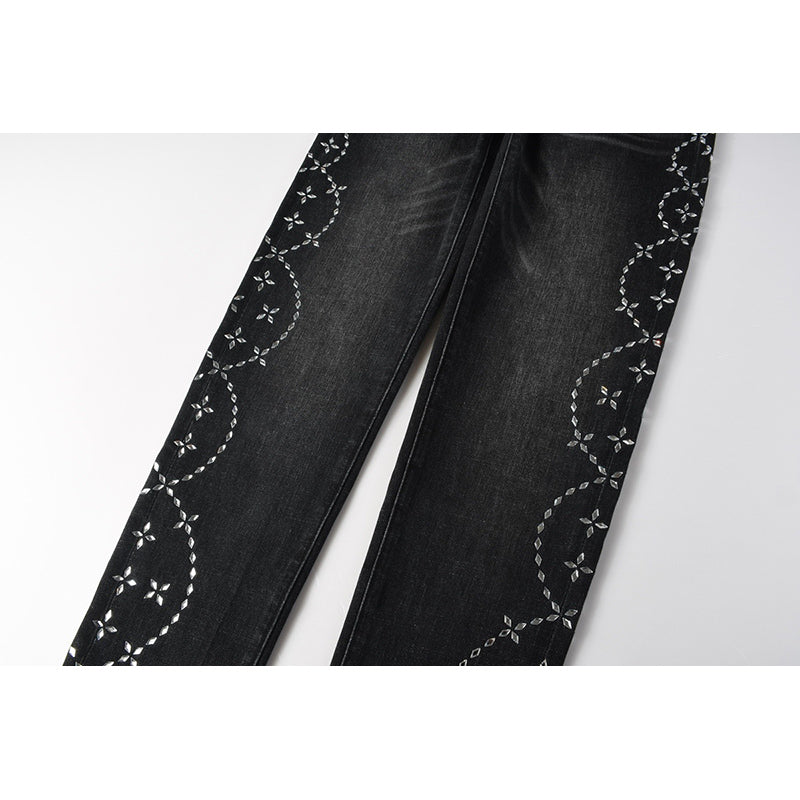 Men's Black Washed Bandana Rhinestone Skinny Jeans | Streetwear Slim Fit Embellished Denim Pants