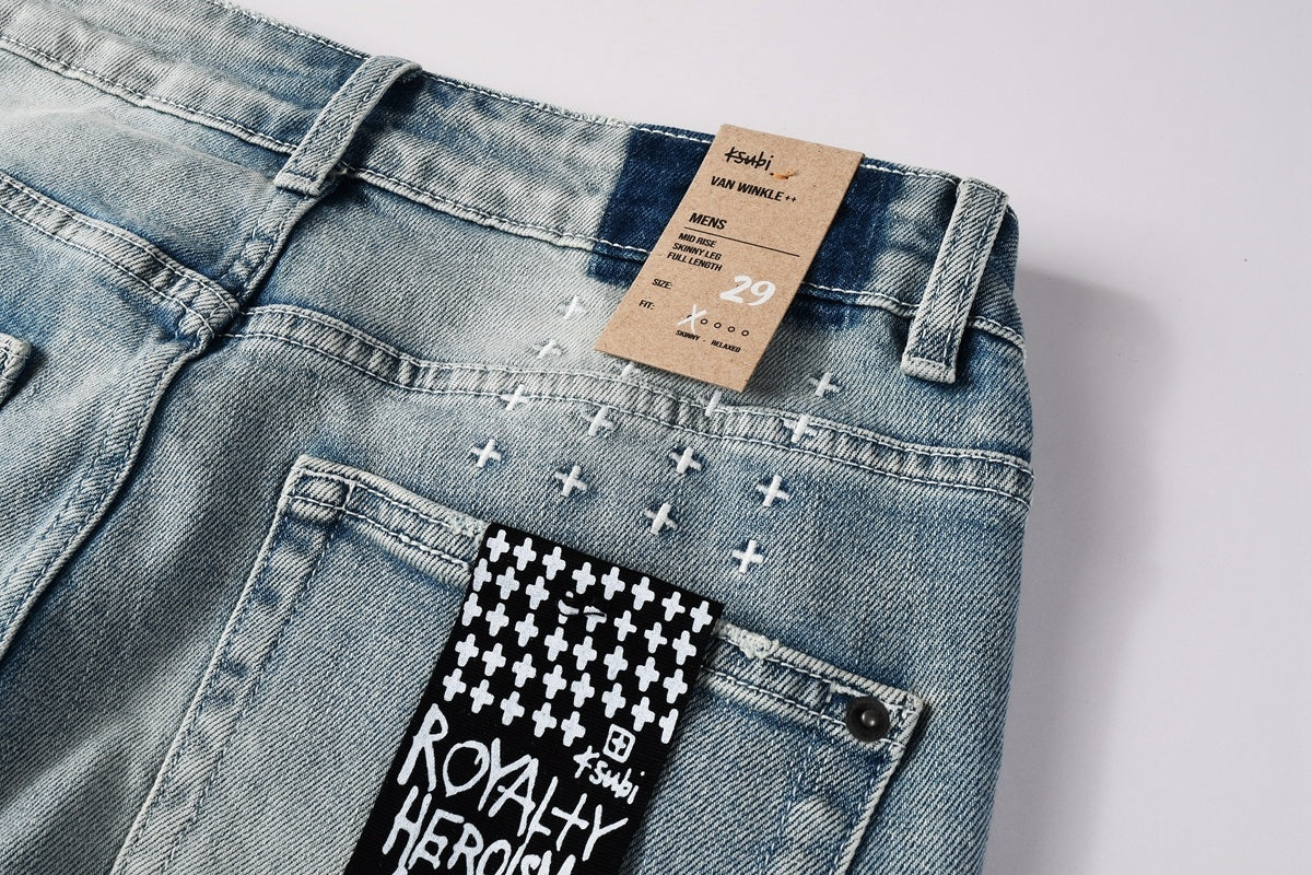 Men's Light Wash Slim Skinny Jeans - Vintage Streetwear Denim