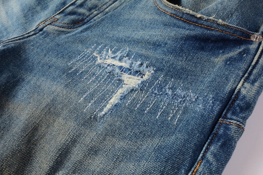 Men's Slim Fit Distressed Sea Blue Skinny Jeans with Button Fly & Ripped Detailing