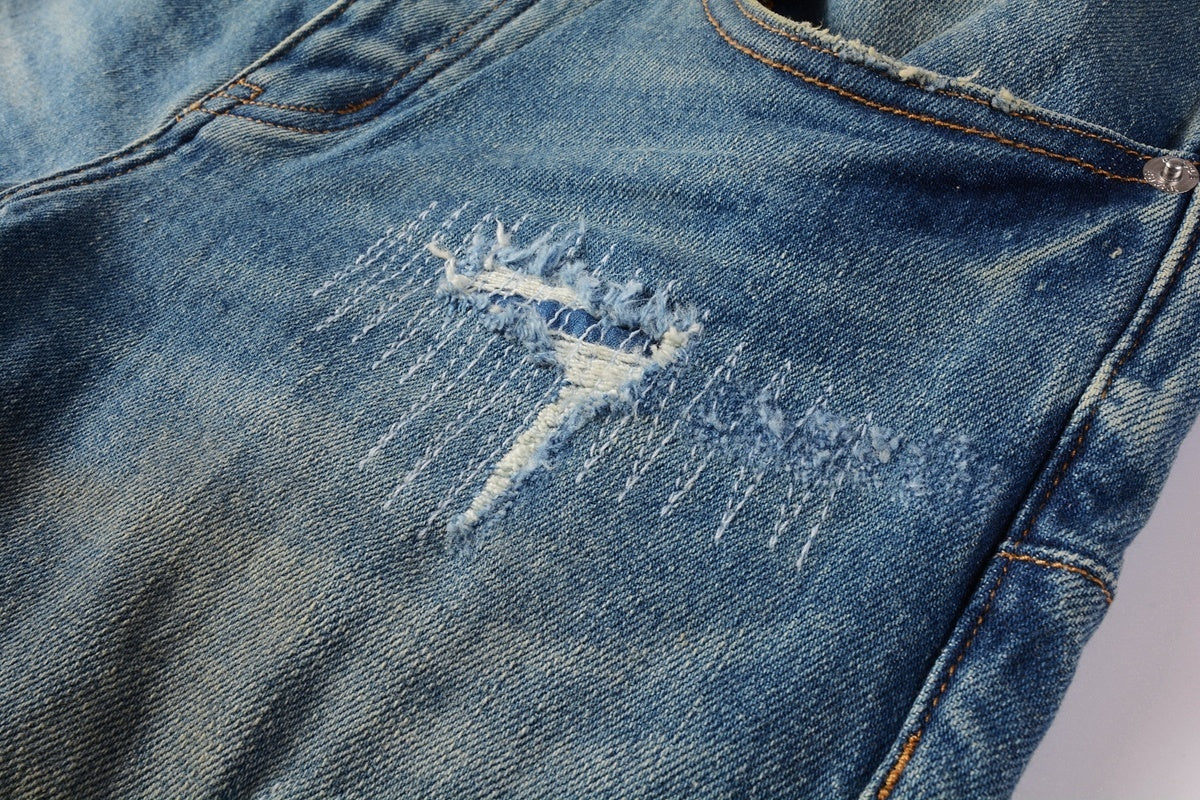 Men's Slim Fit Distressed Sea Blue Skinny Jeans with Button Fly & Ripped Detailing