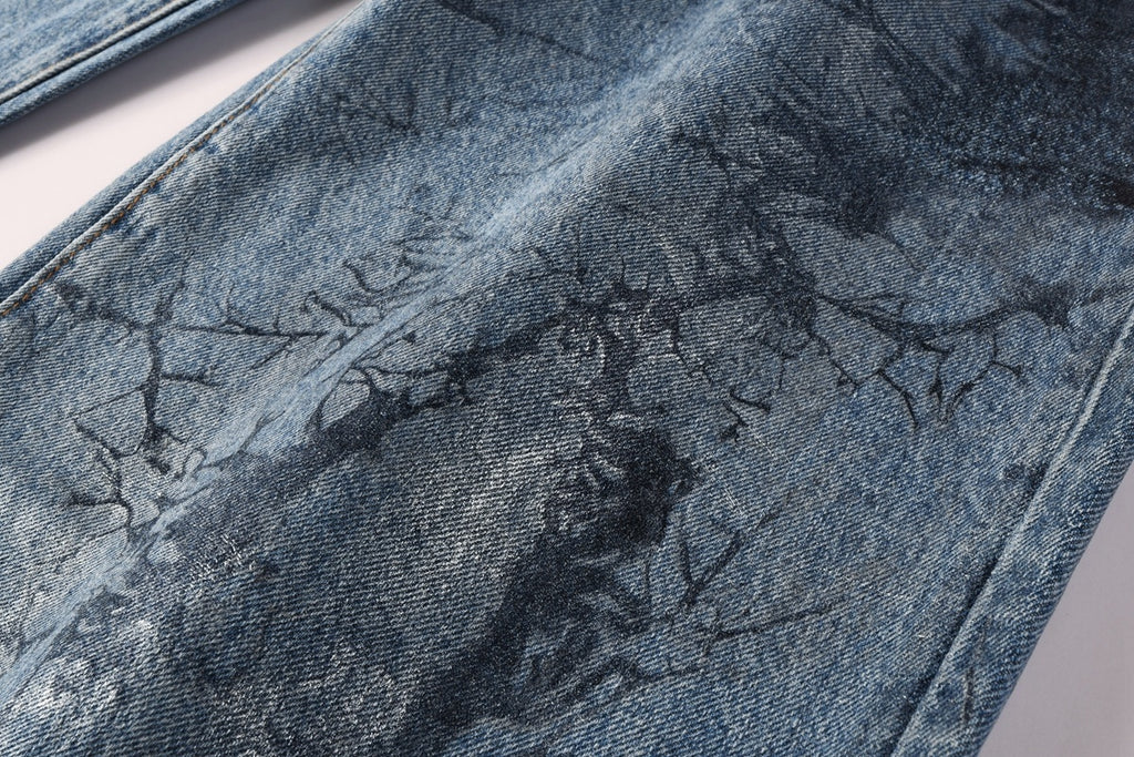 Men's Distressed Blue Coated Baggy Jeans with Graffiti Design & Stretch Fit