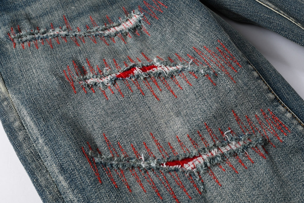 Men's Distressed Blue Skinny Jeans with Devil Suture Design & Ripped Holes & Button Fly