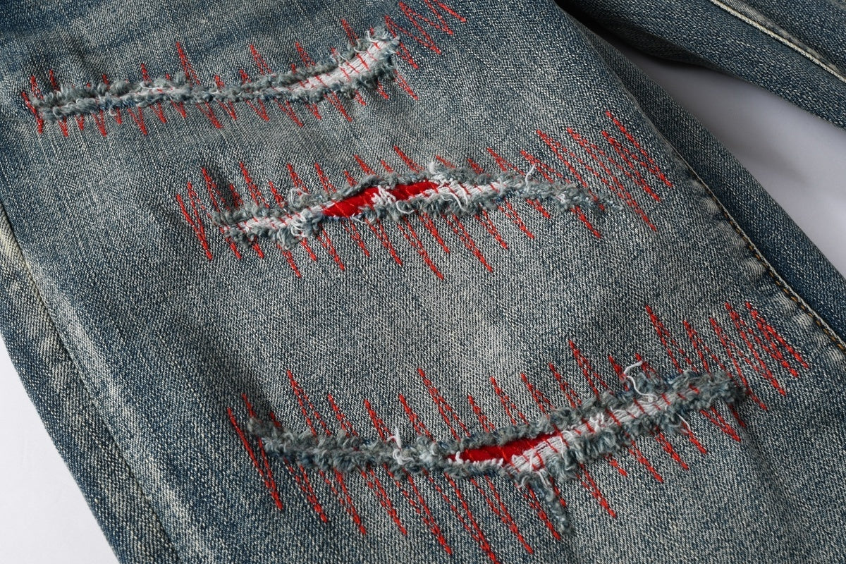 Men's Distressed Blue Skinny Jeans with Devil Suture Design & Ripped Holes & Button Fly