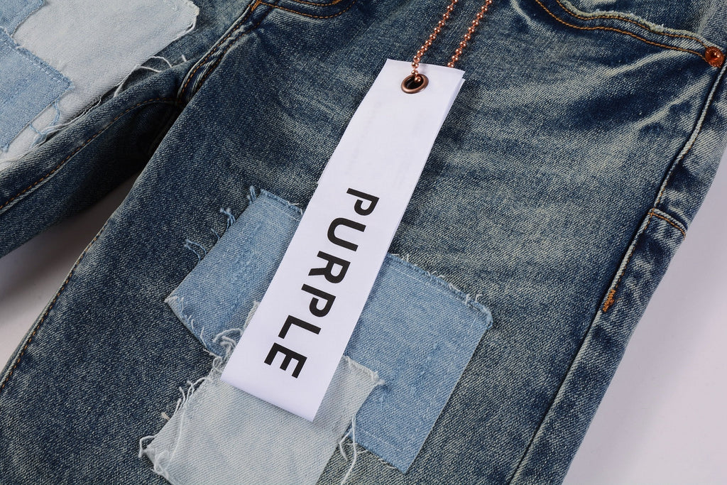 Men's Distressed Light Blue Patchwork Stretch Slim Fit Ripped Denim Jeans