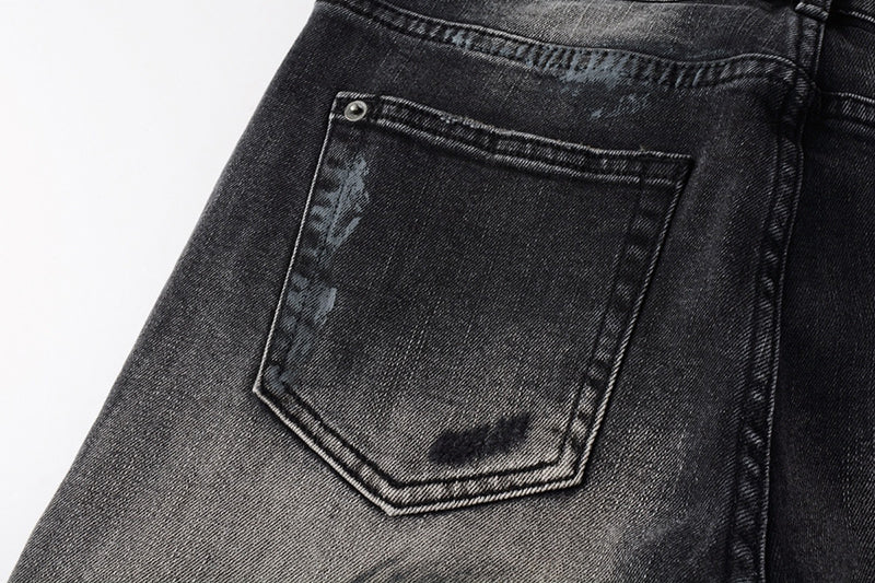 Men's Black Gray Washed Distressed Skinny Jeans - Streetwear Ripped Denim Pants