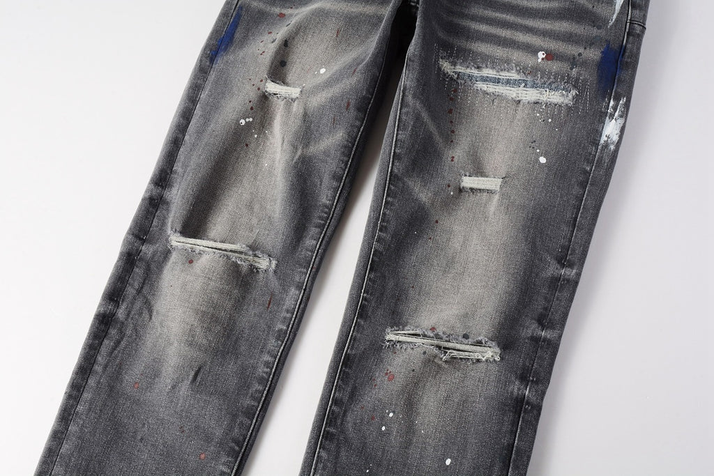 Men's Distressed Gray Graffiti Skinny Jeans with Ripped Holes & Button Fly