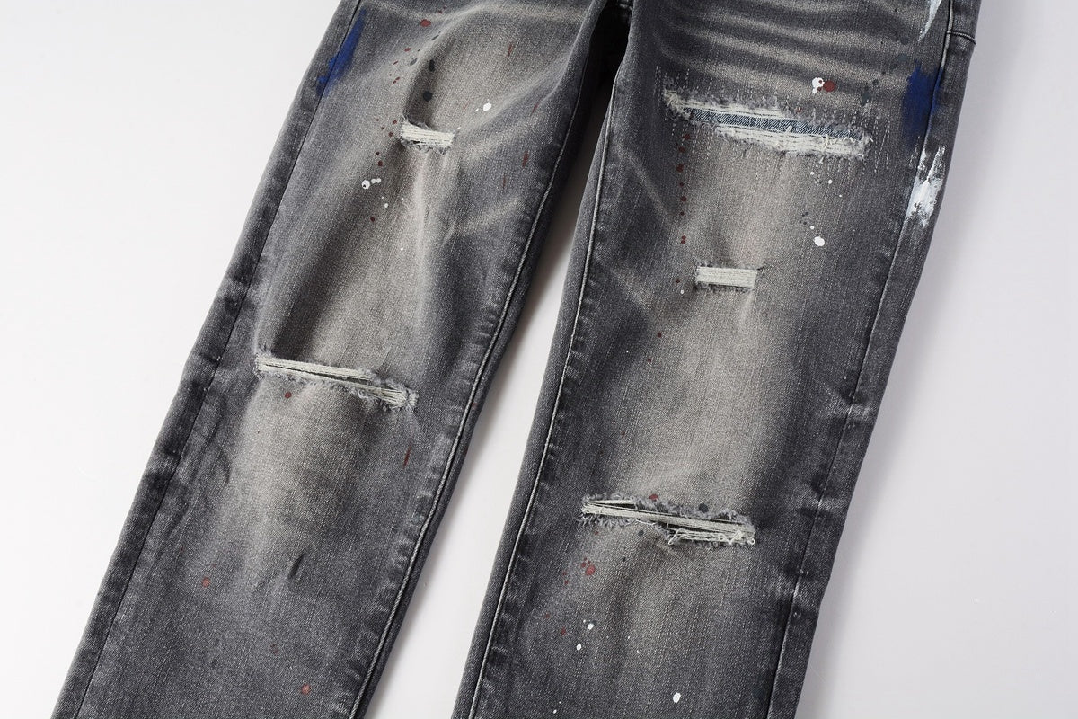 Men's Distressed Gray Graffiti Skinny Jeans with Ripped Holes & Button Fly