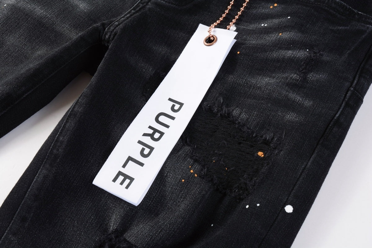 Men's Streetwear Slim Fit Distressed Black Damaged Holes Stretch Ripped Jeans