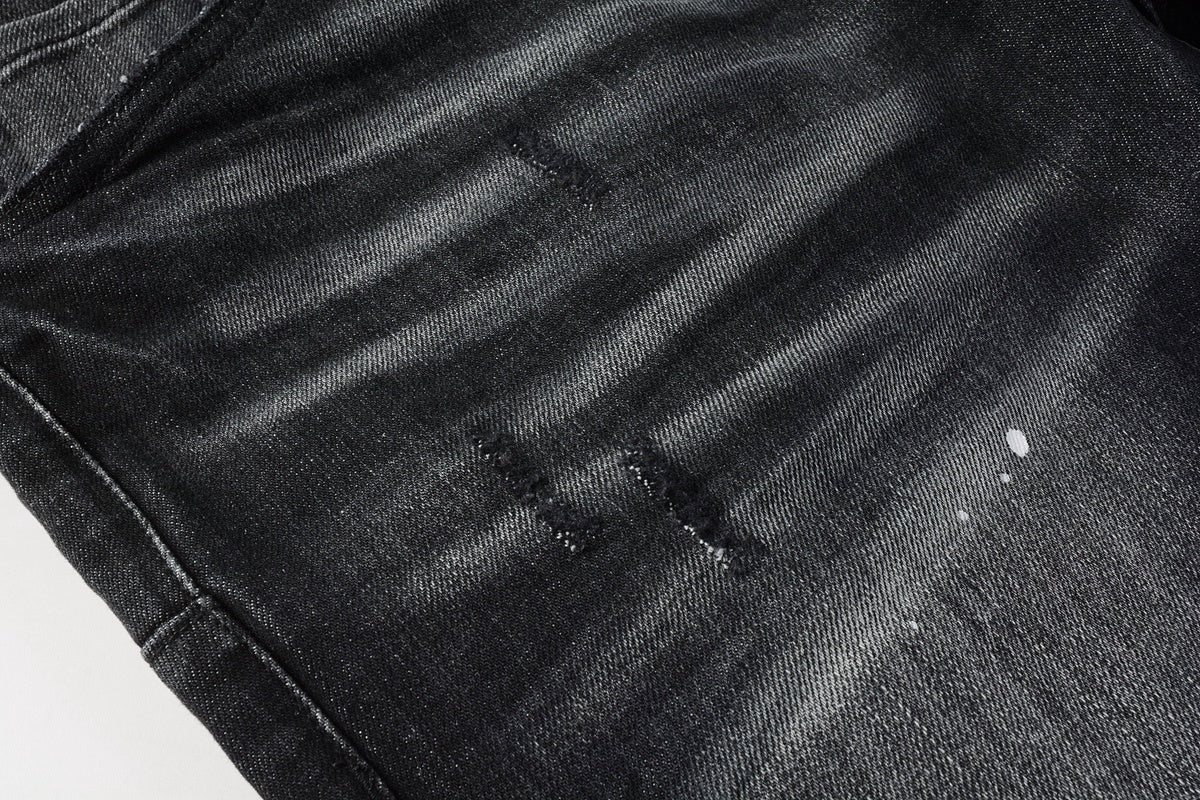 Men's High Street Distressed Black Gray Stretch Slim Fit Ripped Jeans