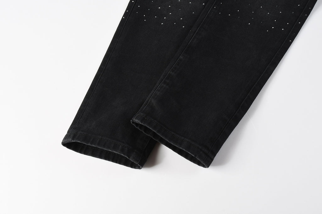 Men's Distressed Black Skinny Jeans with Ripped Holes, Rhinestones & Button Fly