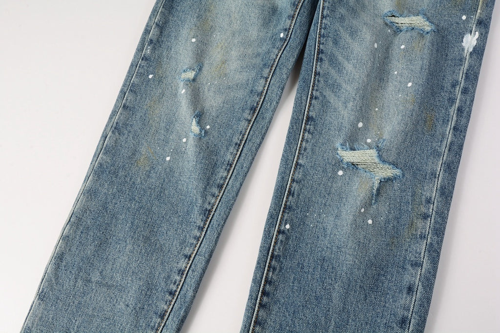 Men's Slim Fit Distressed Blue Graffiti Skinny Jeans with Ripped Holes & Button Fly