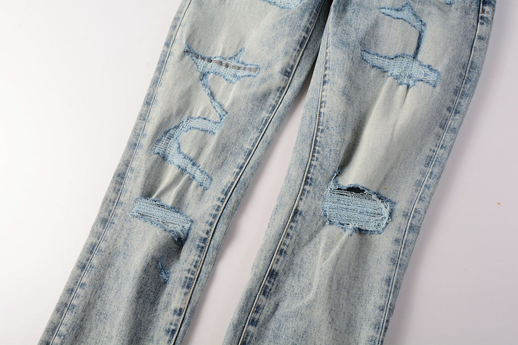 Men's Distressed Light Indigo Skinny Jeans with Ripped Holes & Button Fly