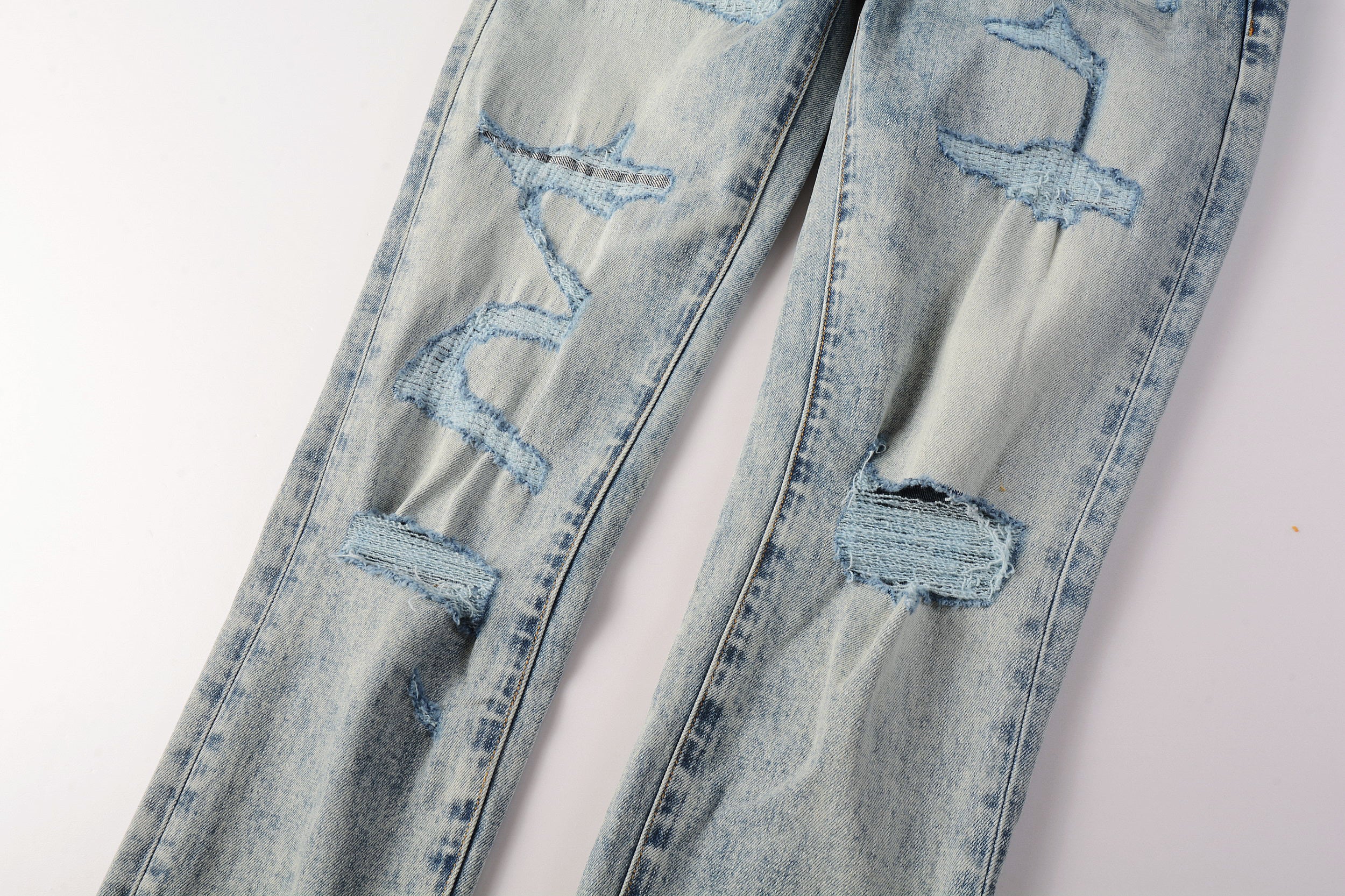 Men's Distressed Light Indigo Skinny Jeans with Ripped Holes & Button Fly
