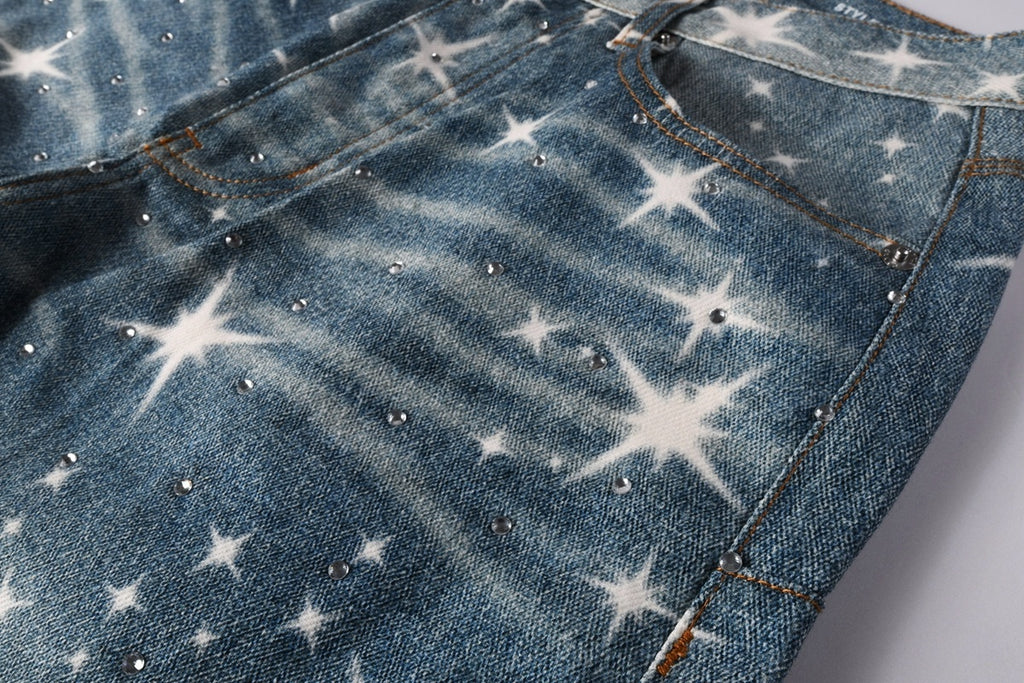 Distressed Blue Rhinestones Baggy Jeans - Printing Patterns & Loose Ripped Denim