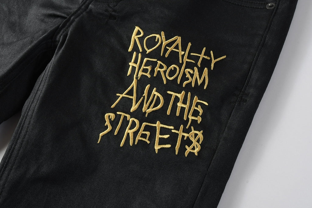 Men’s Black Waxed Skinny Jeans - Gold Studded Streetwear Denim