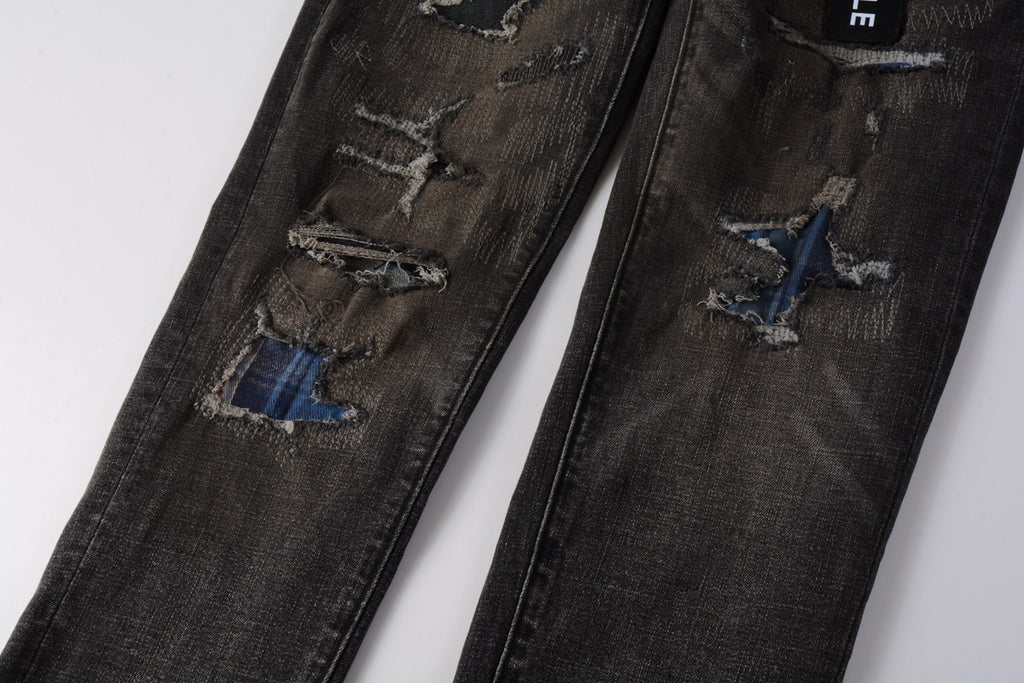 Men's Distressed Black Gray Patchwork Skinny Jeans with Ripped Holes & Button Fly