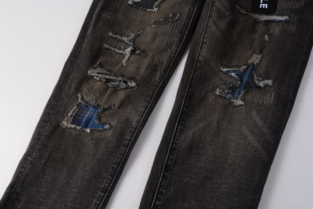 Men's Distressed Black Gray Patchwork Skinny Jeans with Ripped Holes & Button Fly