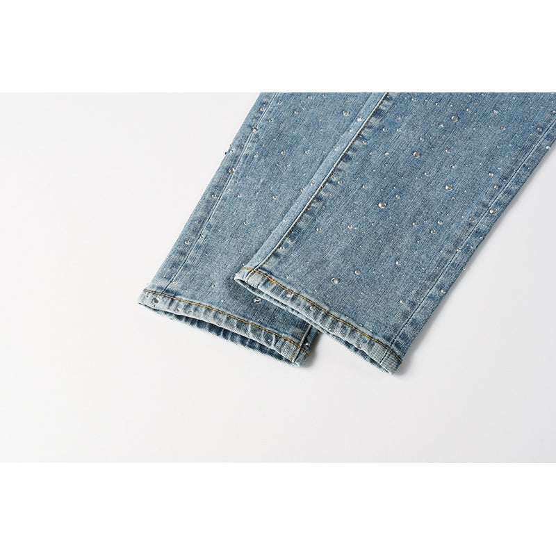 Men's Light Wash All-Over Rhinestone Skinny Jeans | Streetwear Slim Fit Embellished Denim Pants