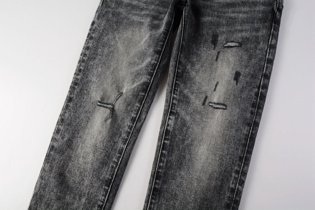 Men's Distressed Ash Gray Skinny Jeans with Ripped Holes & Button Fly