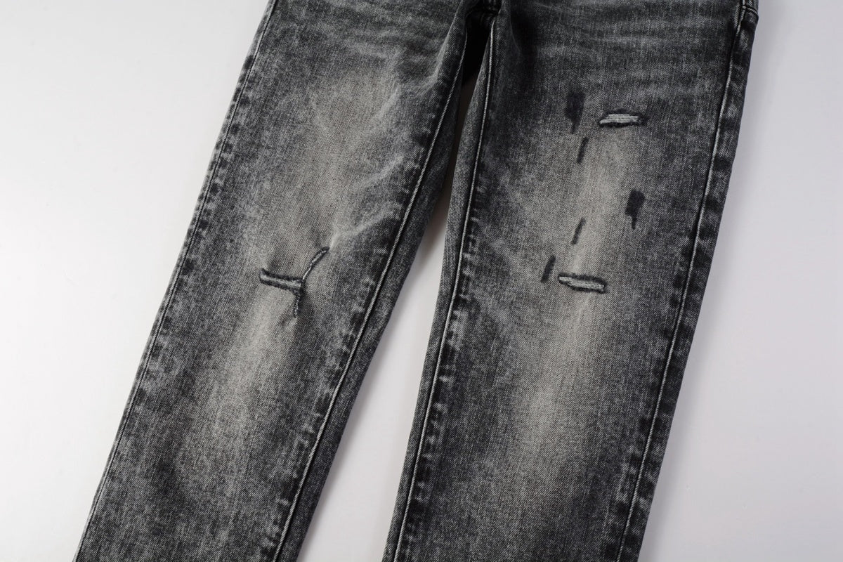 Men's Distressed Ash Gray Skinny Jeans with Ripped Holes & Button Fly