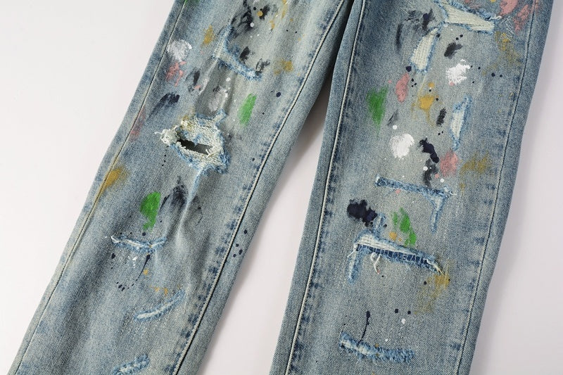 Men's Distressed Light Blue Graffiti Ripped Skinny Jeans with Button Fly & Damaged Holes