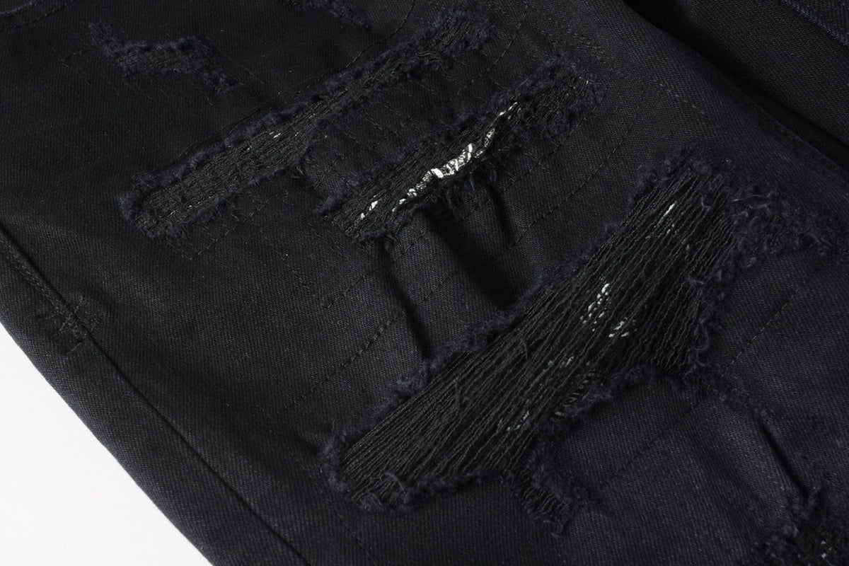 Men's Black Heavy Distressed Bandana Patch Skinny Jeans - Stretch Denim