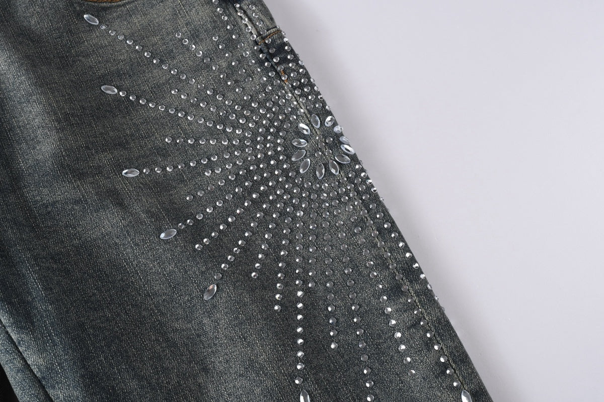 Men's Washed Blue Skinny Jeans with Ripped Holes, Rhinestones & Button Fly