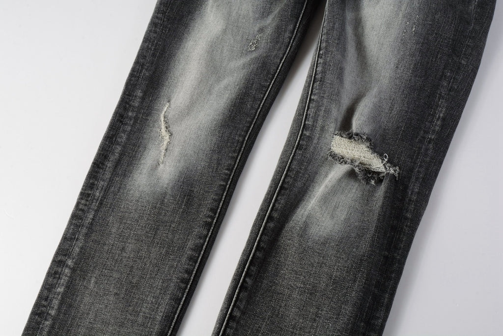 Men's Distressed Ash Gray Skinny Jeans with Ripped Holes & Button Fly