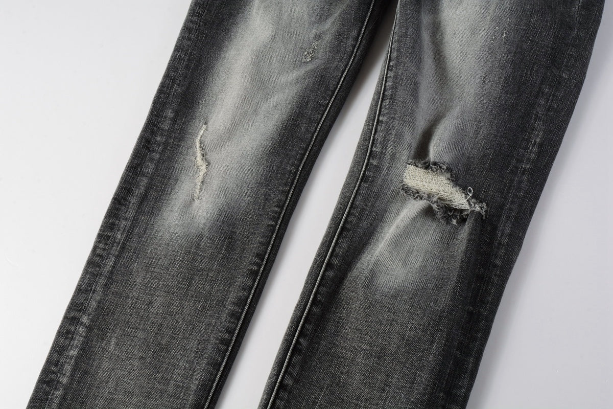 Men's Distressed Ash Gray Skinny Jeans with Ripped Holes & Button Fly
