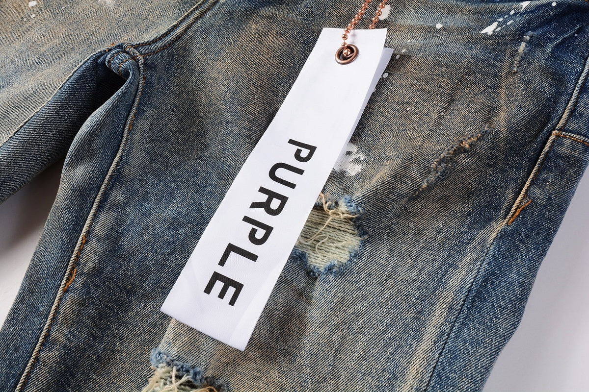 Men's Blue High Street Distressed Dirty Damaged Holes Stretch Slim Fit Ripped Jeans