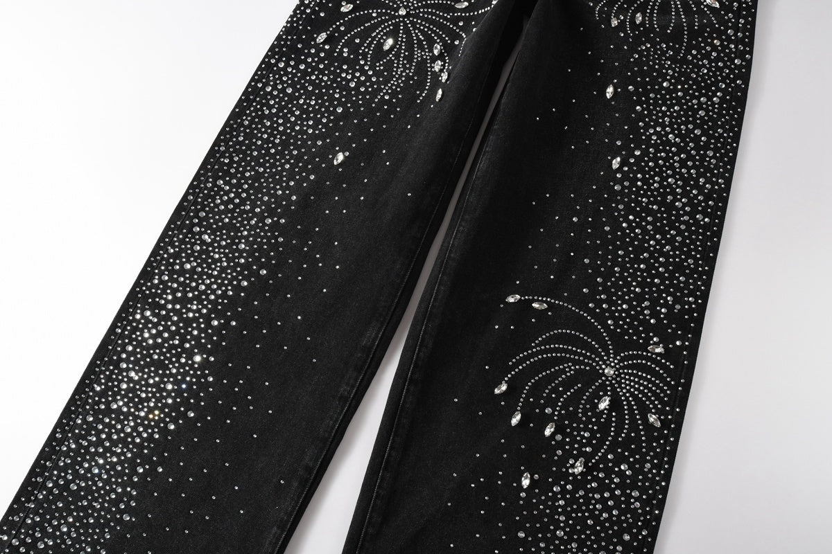 Men's Distressed Black Baggy Jeans with Rhinestones & Street Style