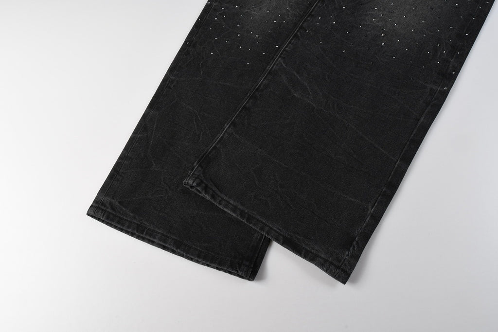 Men's High Street Fashion Black Distressed Baggy Jeans with Rhinestone Detailing & Loose Fit