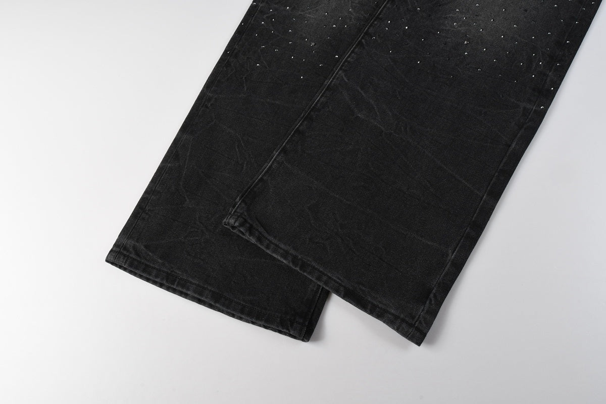 Men's High Street Fashion Black Distressed Baggy Jeans with Rhinestone Detailing & Loose Fit