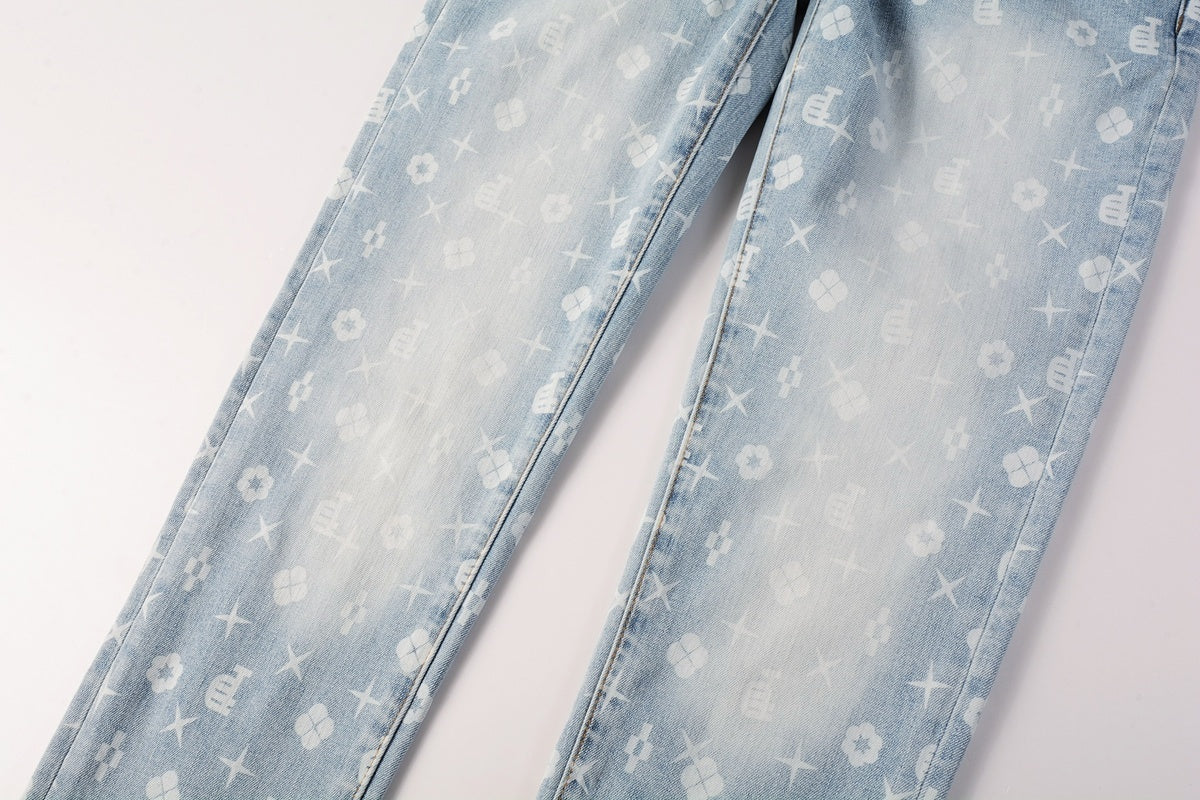 Men's Distressed Light Blue Skinny Jeans with Laser Print Patterns & Button Fly