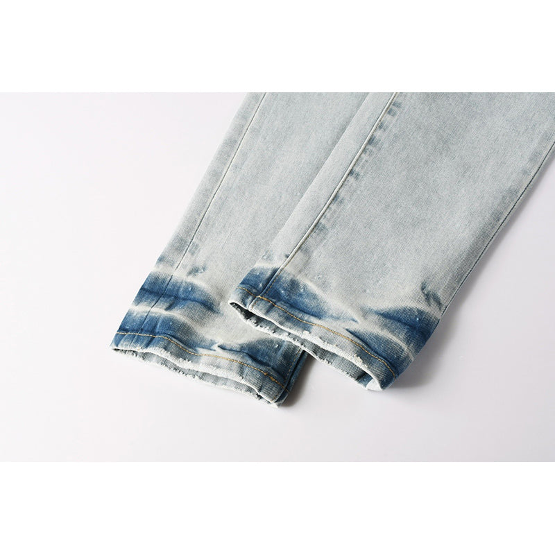 Men's Light Wash Sunburst Rhinestone Skinny Jeans | Streetwear Distressed Slim Fit Denim Pants